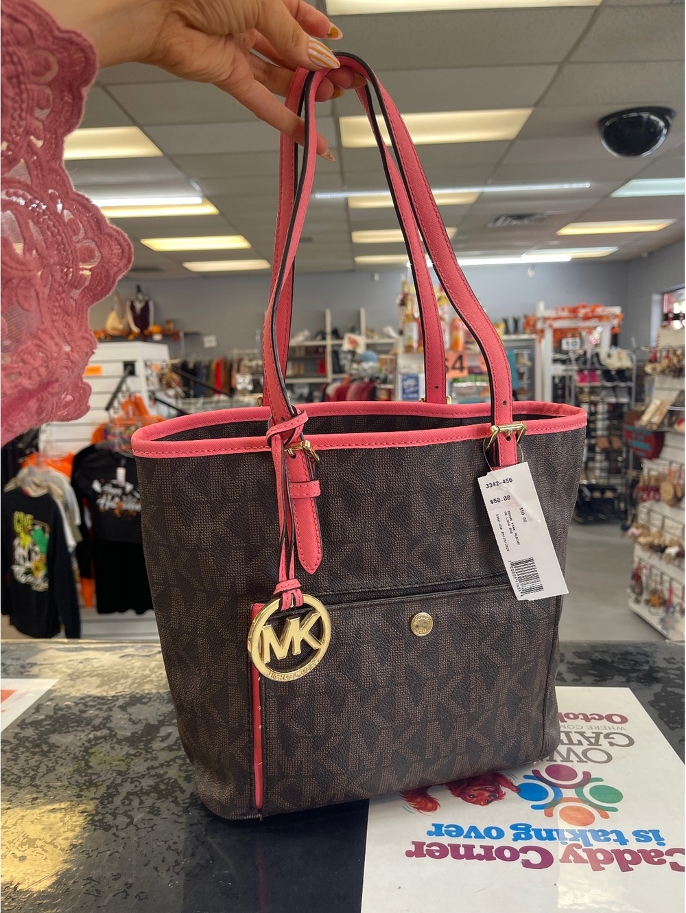 Michael Kors Women's Signature Logo Tote Bag with Pink Trim